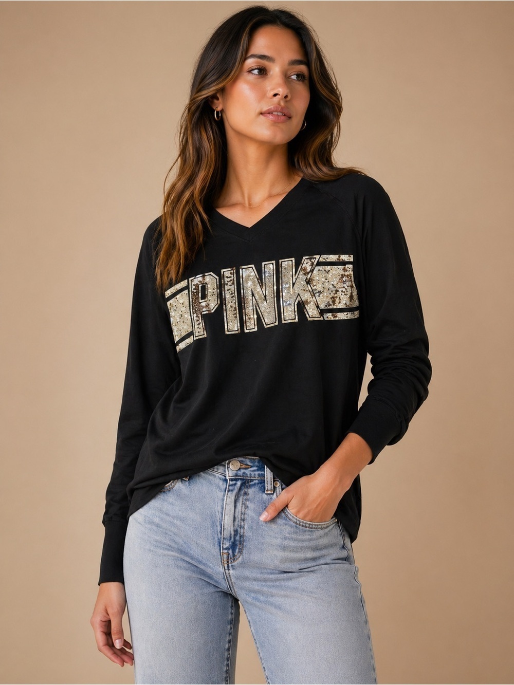 PINK Victoria's Secret V-Neck Long Sleeve Tee in Black with Metallic Logo Large